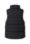 Black quilted nylon waistcoat for boys featuring a stand collar and padded design for warmth and style.