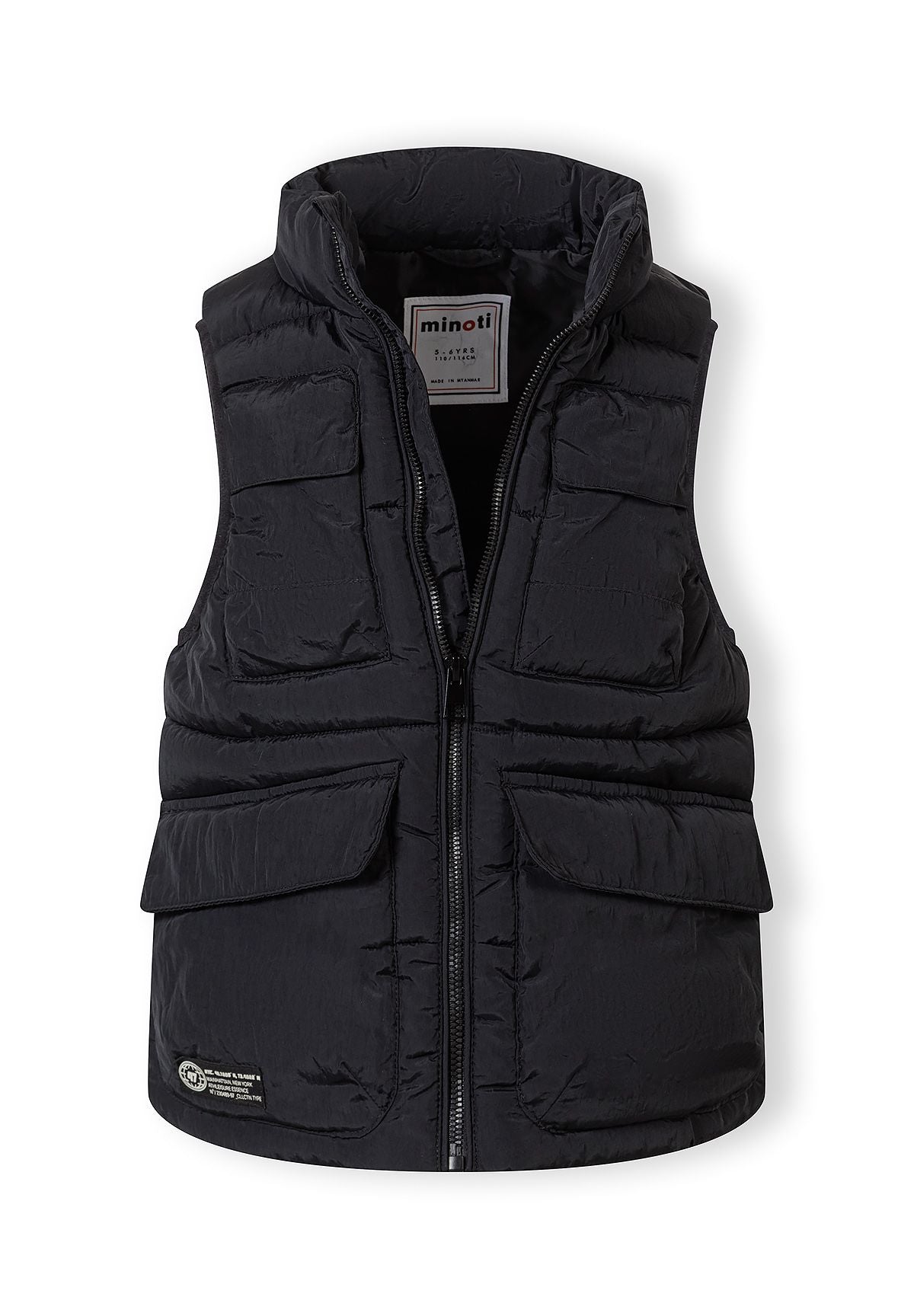 Boys black quilted waistcoat with stand collar, front view, featuring full-length zipper and flap pockets.
