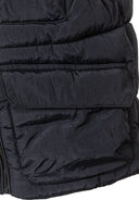 Close-up of a black quilted nylon waistcoat with flap pockets and a full-length zipper.