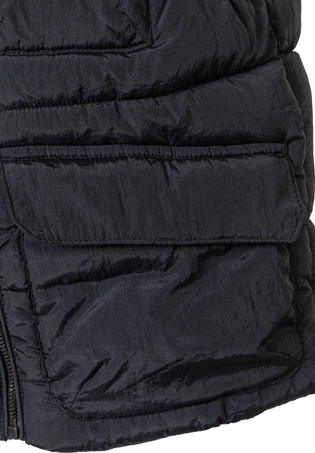 Black utility padded gilet, flap pocket detail.
