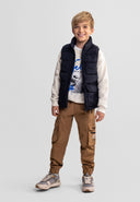 Czarna pikowana kamizelka z nylonu dla chłopców z kołnierzem stójką, wiek 3 do 15 lat