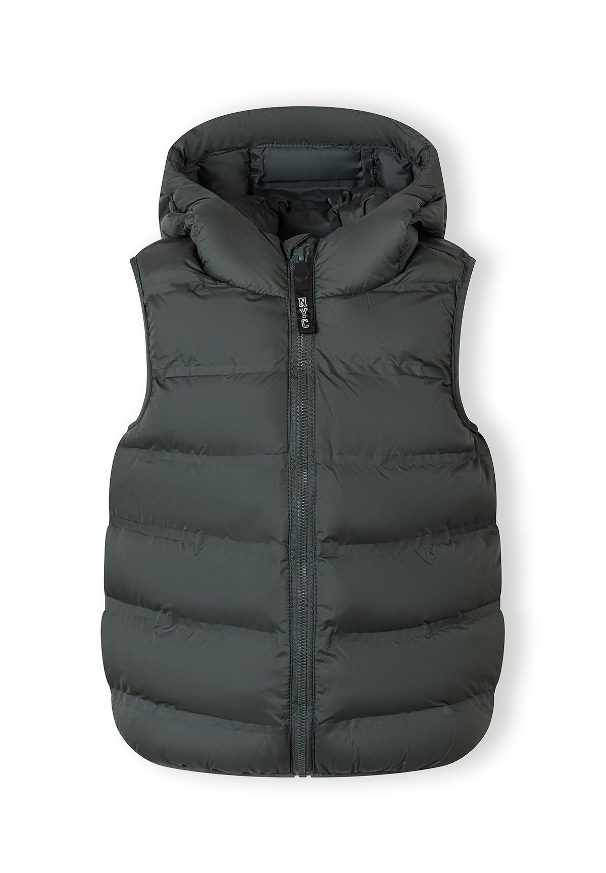 Dark green padded gilet, front.