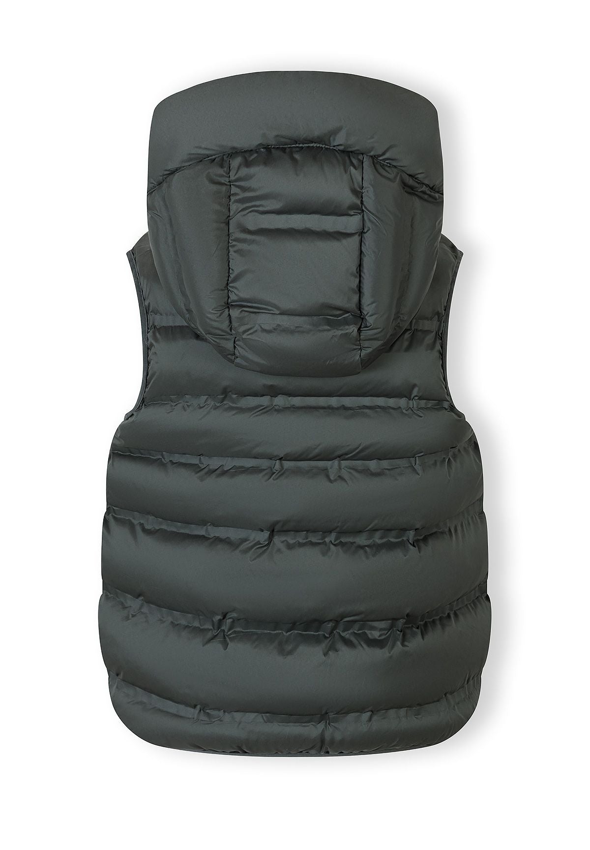 Dark green padded gilet, back.