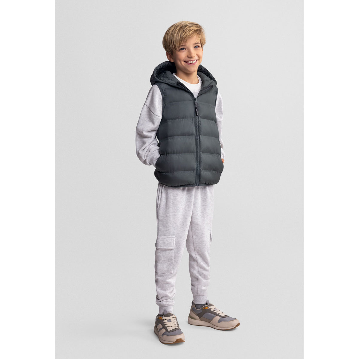 Boys' padded gilet in dark green — complete product view for square Shop card