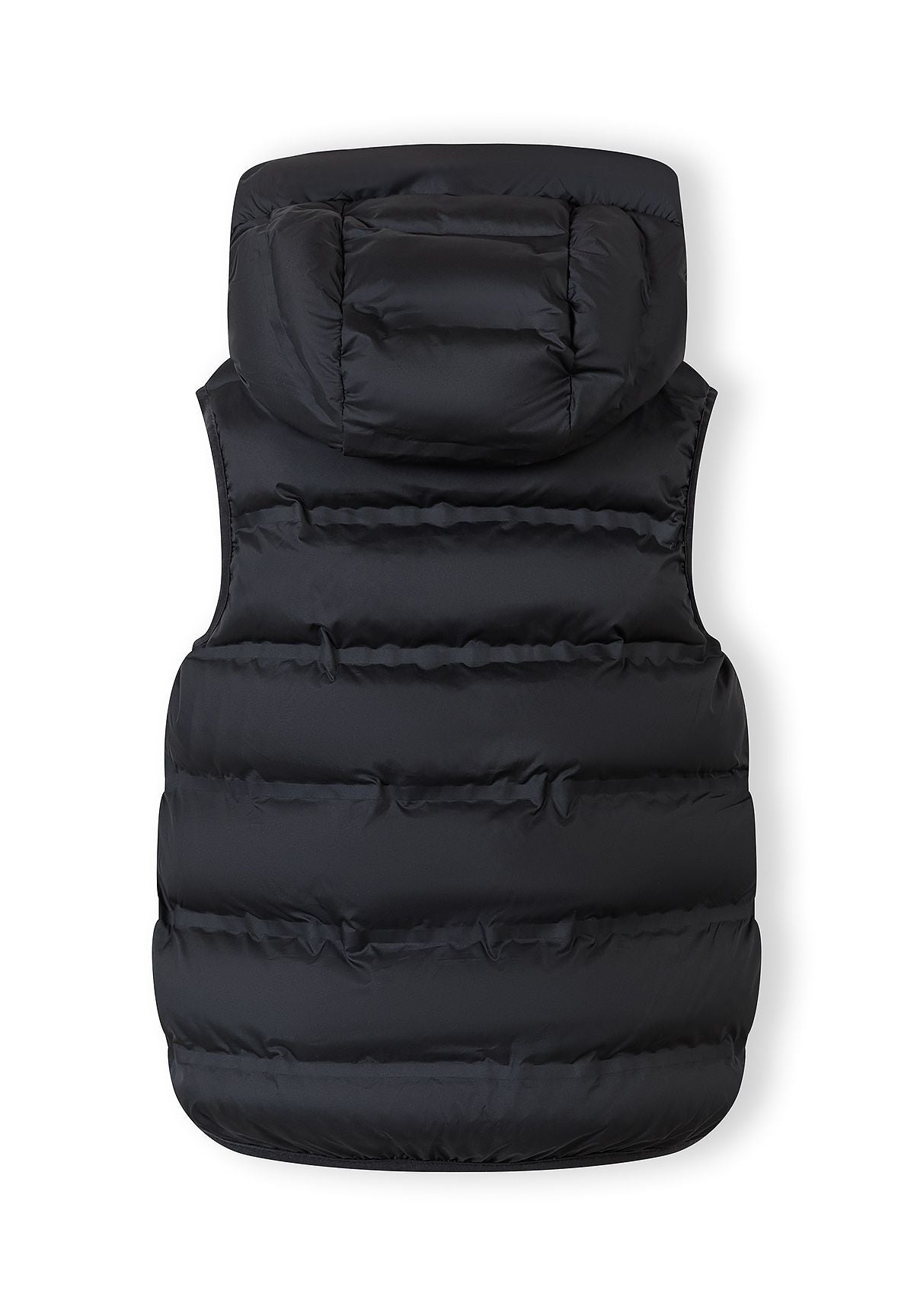 Boys quilted black waistcoat with hood, back view, featuring horizontal stitching.