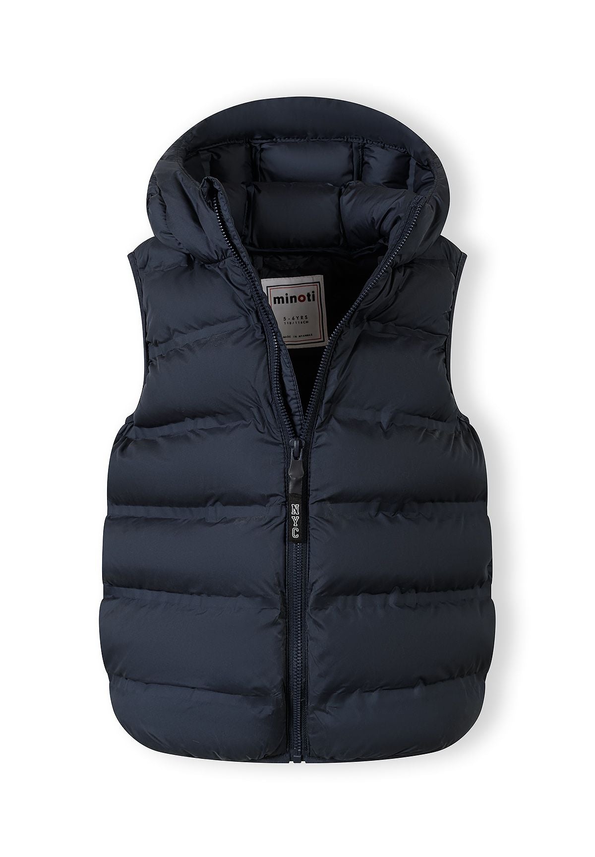 Boys navy blue lightweight gilet, front view with fixed hood and full-length zip.