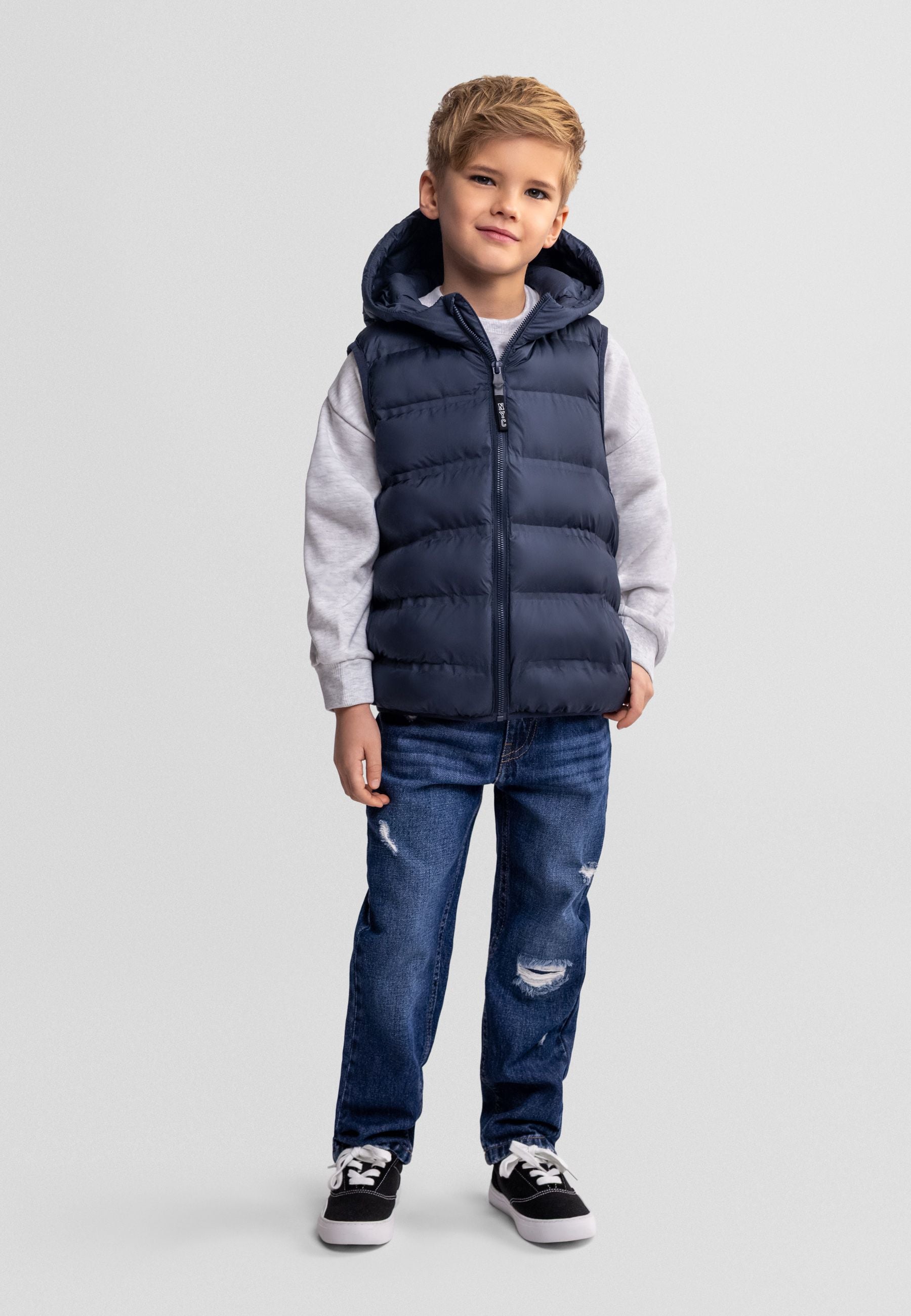 Hooded Padded Gilet, Navy Blue - 1