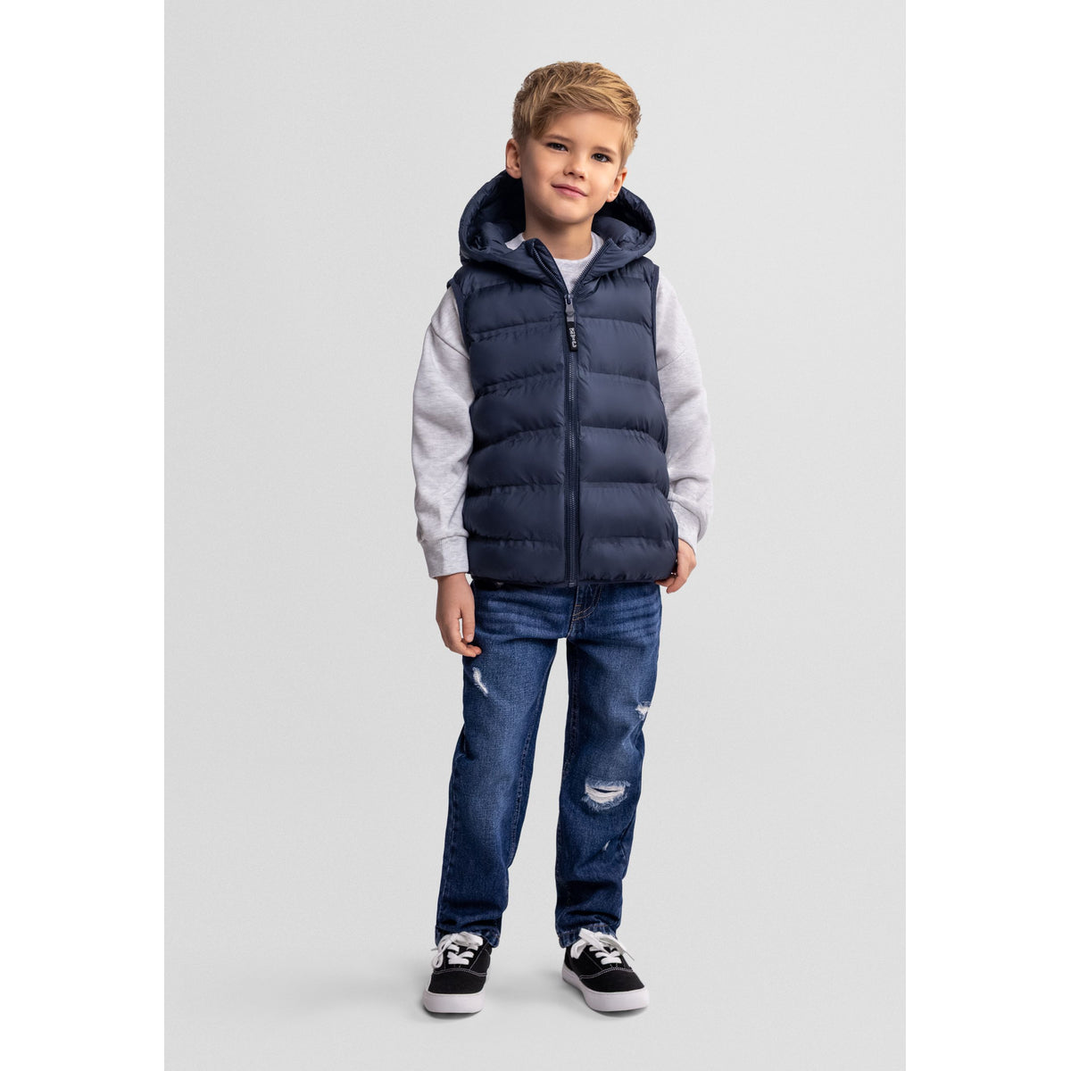 Boys' padded gilet in navy — complete product view for square Shop card