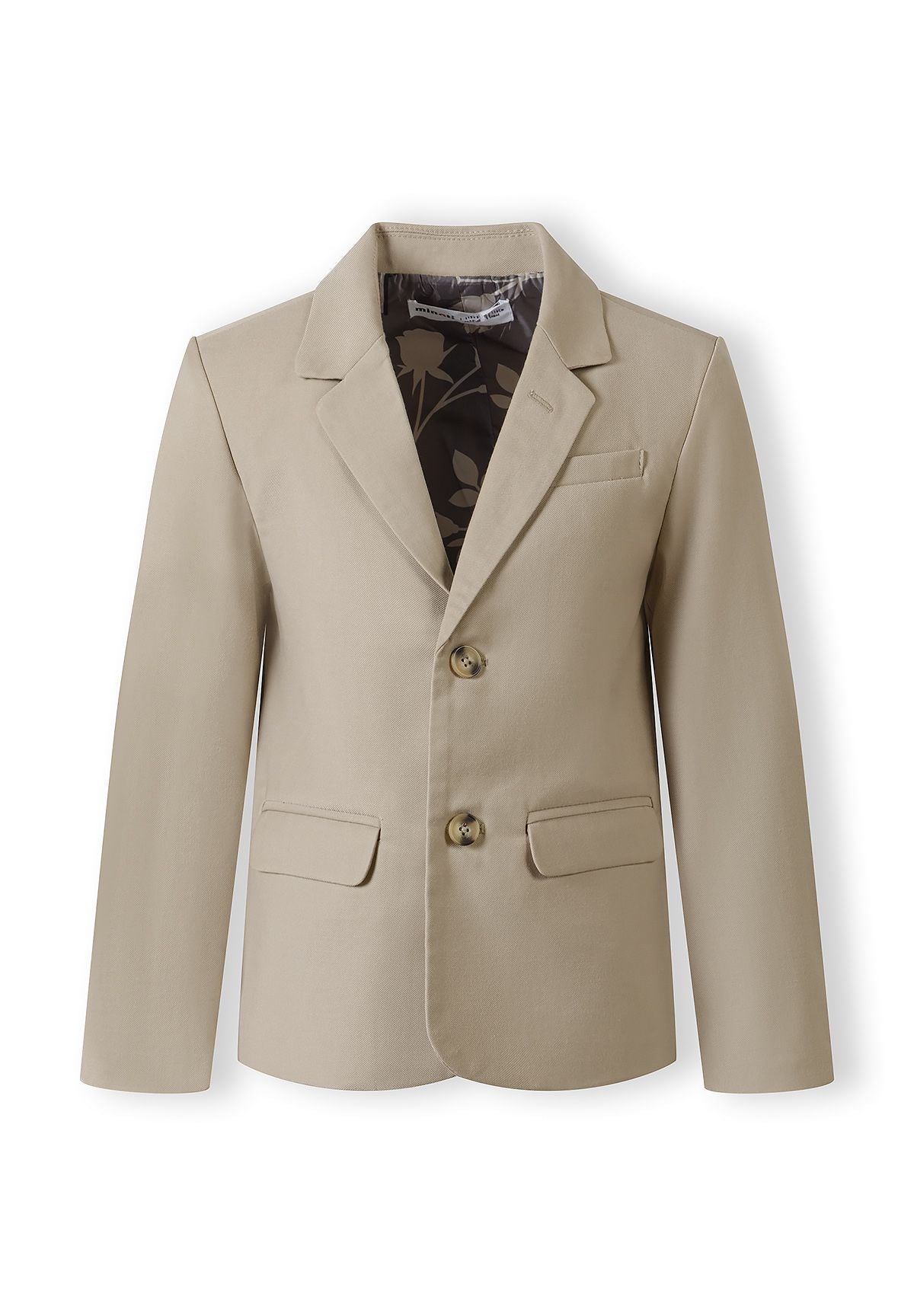 Boys formal blazer in stone color, tailored fit, front view with two buttons and pockets.