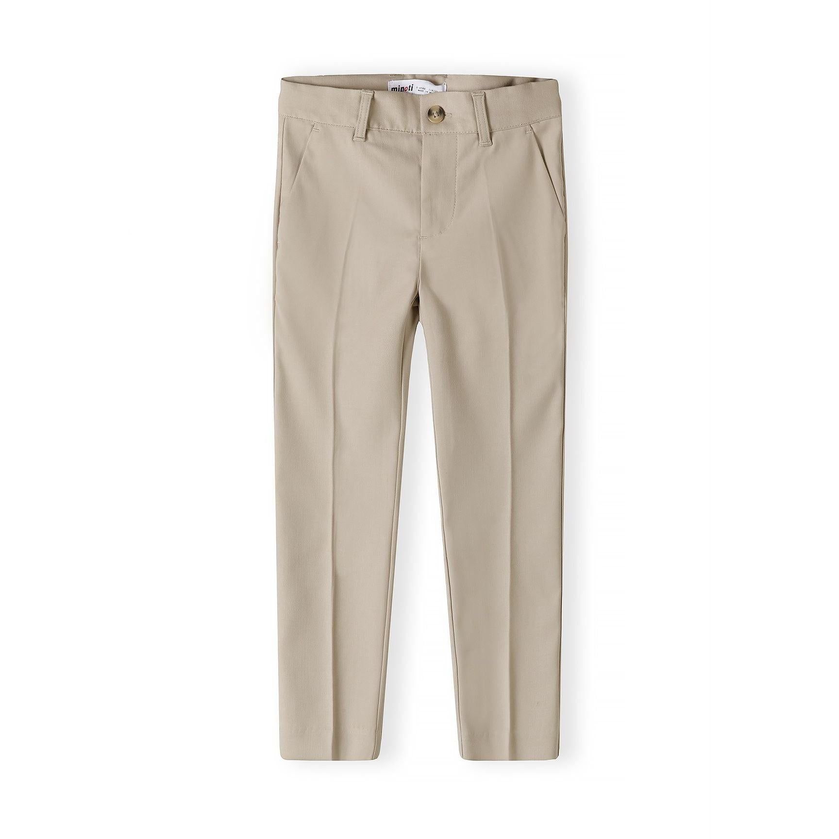 Back view of stone formal suit trousers showing tailored fit, belt loops and rear pockets with button details
