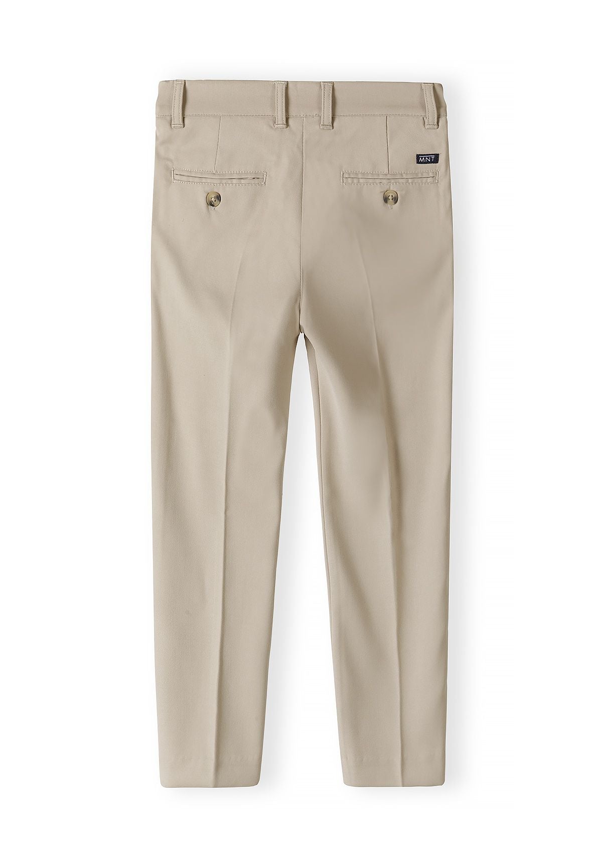 Boys formal suit trousers in stone color, back view with adjustable waistband and two back pockets.
