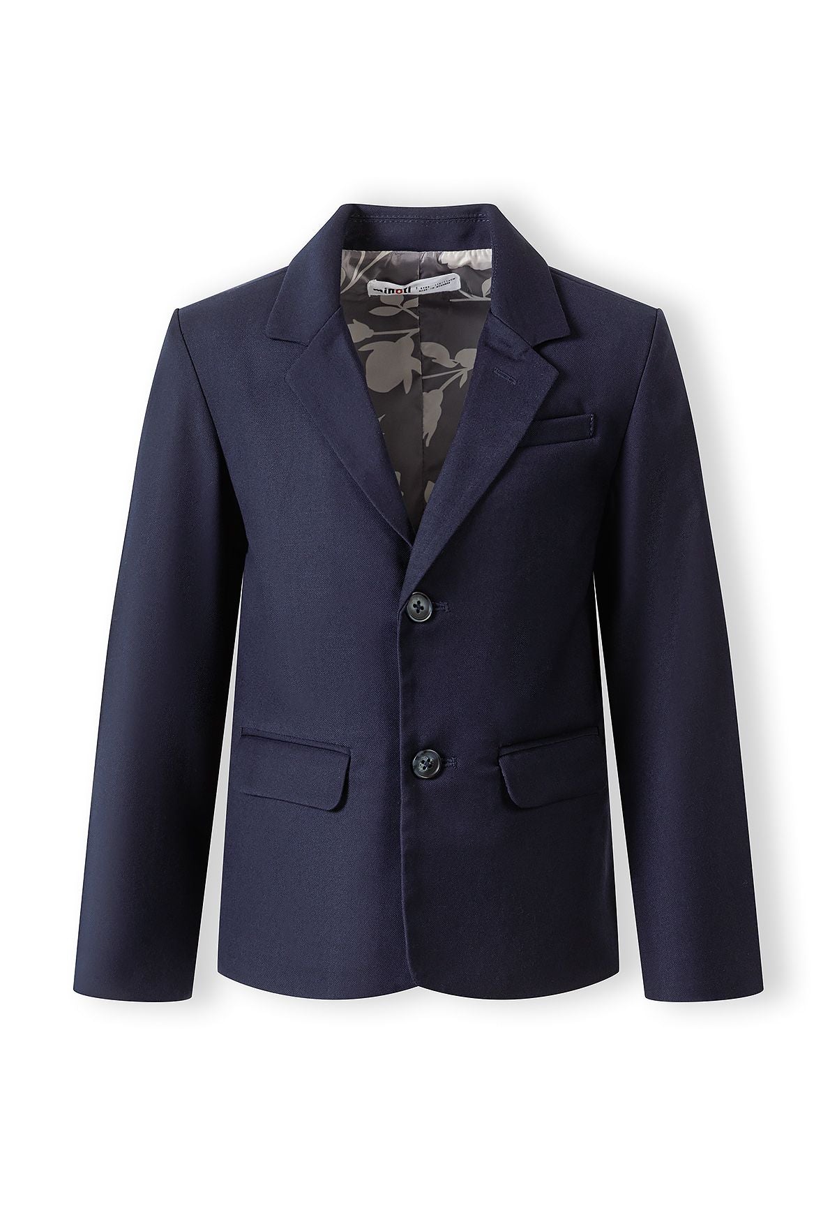 Boys formal navy blue blazer, front view with notch lapel and two flap pockets.
