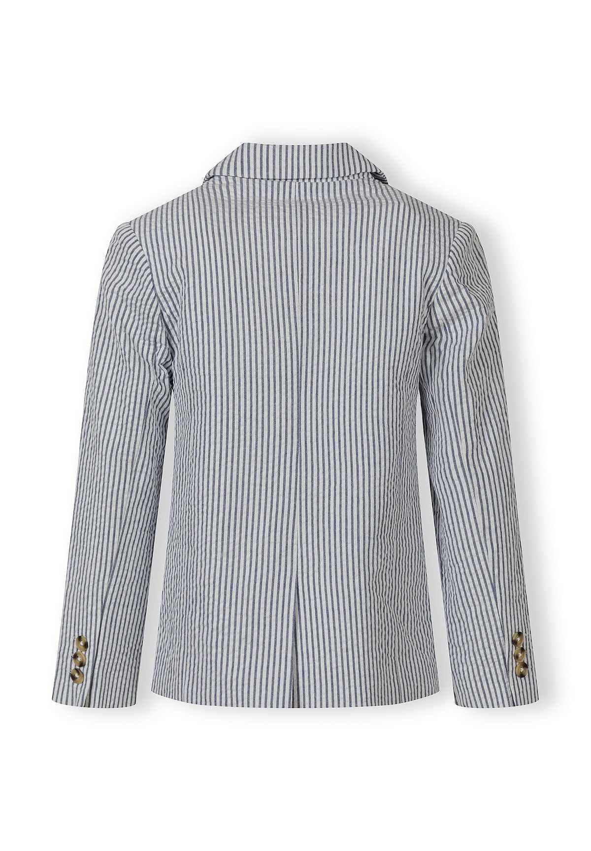 Boys tailored cotton blazer, navy blue striped, back view with structured lapel and button details.
