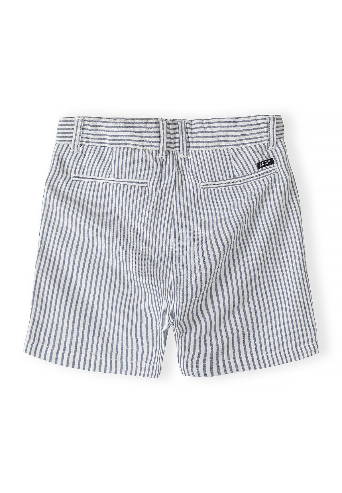 Back view of boys' tailored navy striped shorts with two stitched pockets.