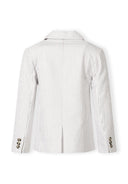 Boys' stone striped blazer, back view, featuring a notch collar and button details.