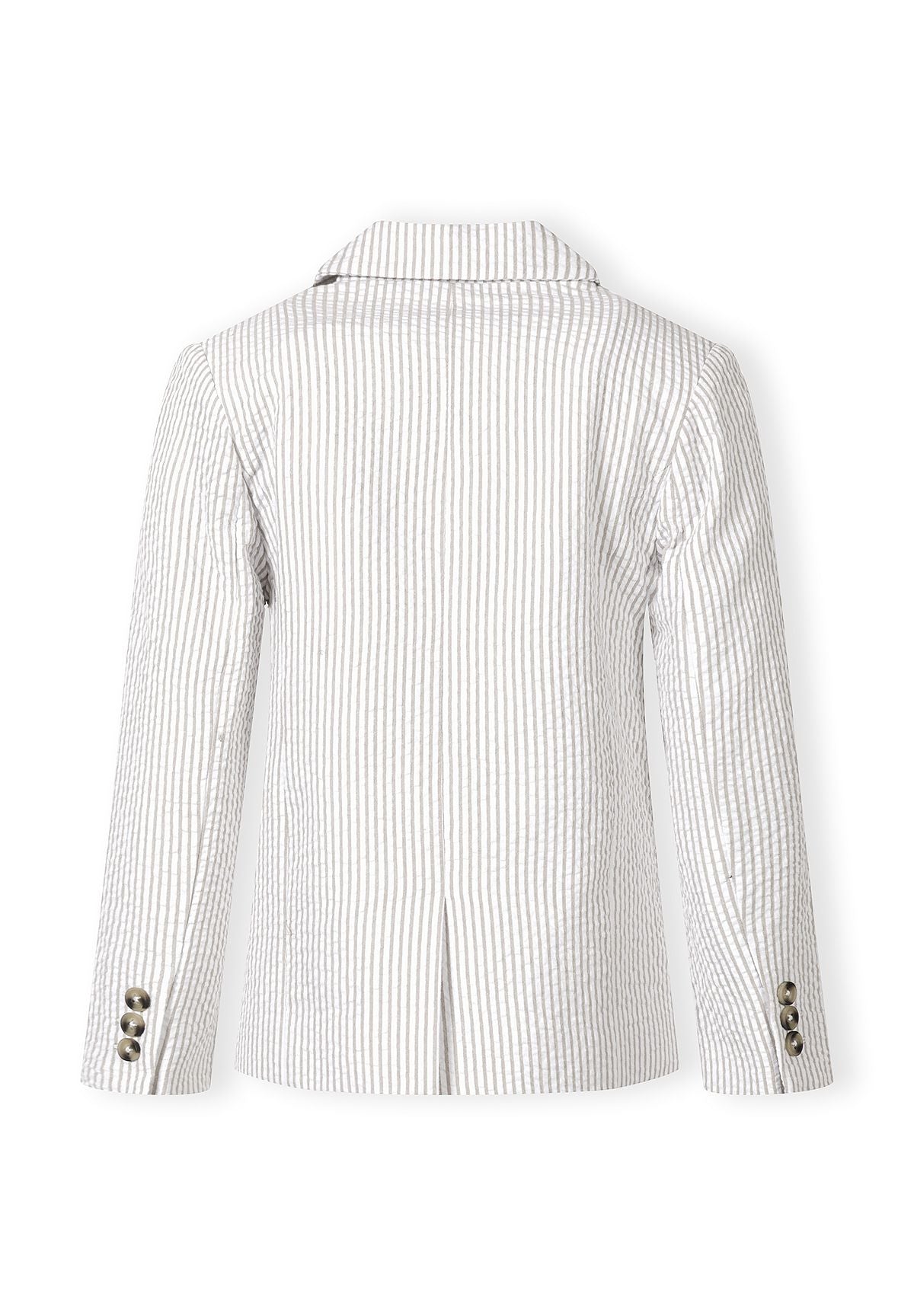 Boys' stone striped blazer, back view, featuring a notch collar and button details.