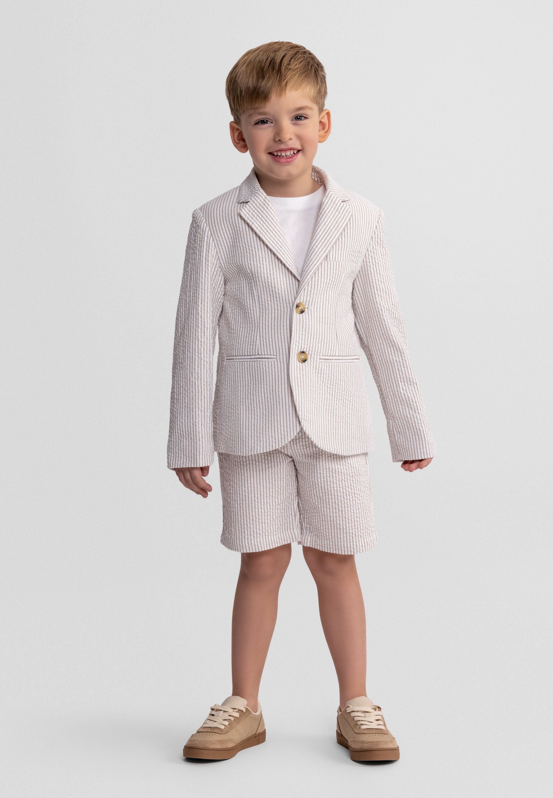 Boys' stone striped blazer, front view, featuring a notch collar and two side pockets.