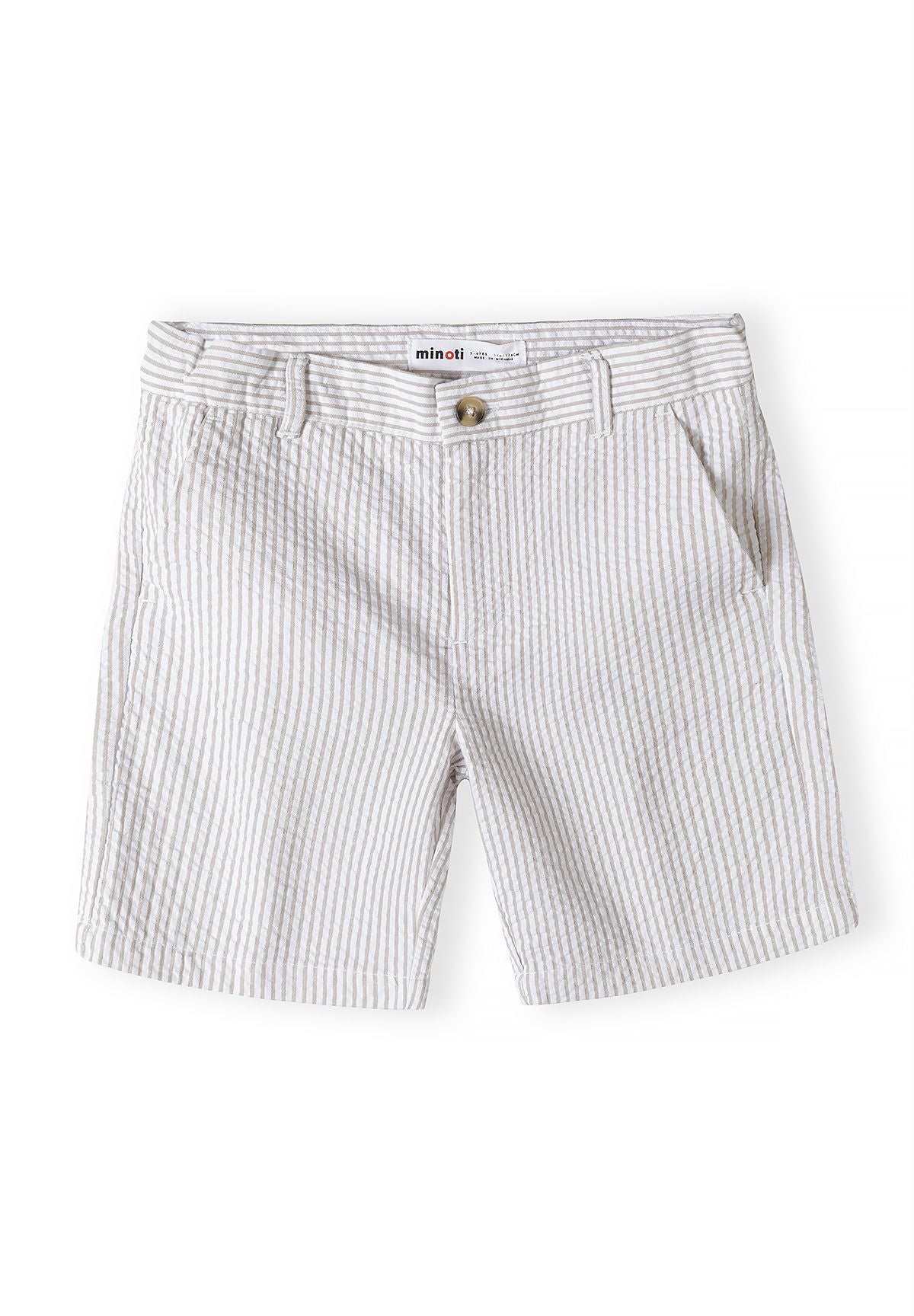 Boys tailored suit shorts in stone color, front view with zip fastening and two side pockets.
