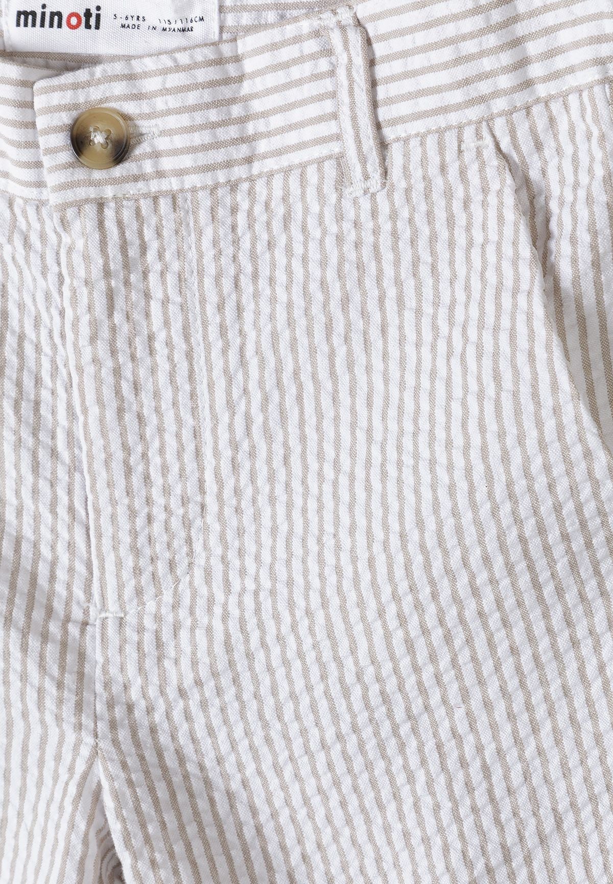 Beige and white chino shorts, stripe and button detail.