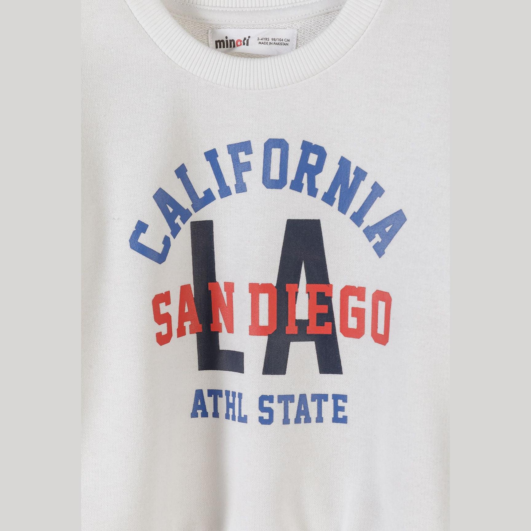 Detail view of white sweatshirt showing 'CALIFORNIA LA SAN DIEGO ATHL STATE' text print with Minoti brand label visible at neckline