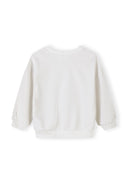 Back view of a white kids sweatshirt featuring a simple, comfortable design with ribbed cuffs and hem.