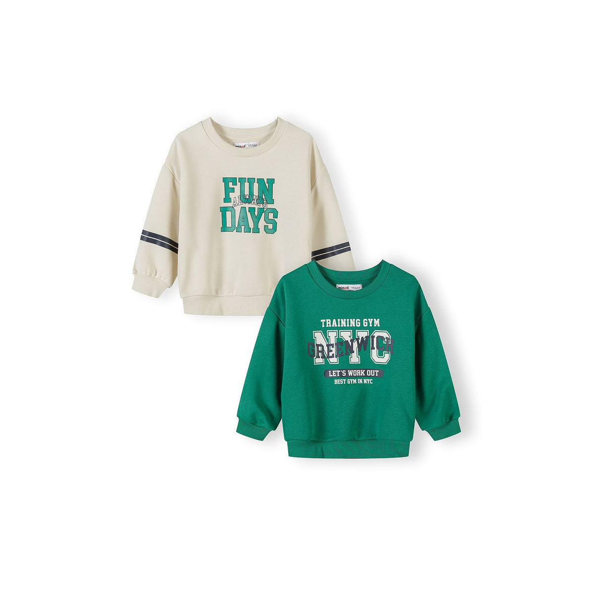 Boys' crew neck sweatshirts 2-pack in green and cream — complete product view for square Shop card