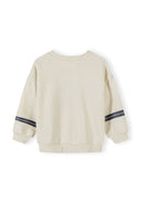 Cream-colored kids sweatshirt with sporty stripe detail on sleeves, designed for comfort and casual style.