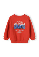 Red boys sweatshirt with blue urban graffiti-style print and ribbed cuffs for kids aged 3 months to 7 years