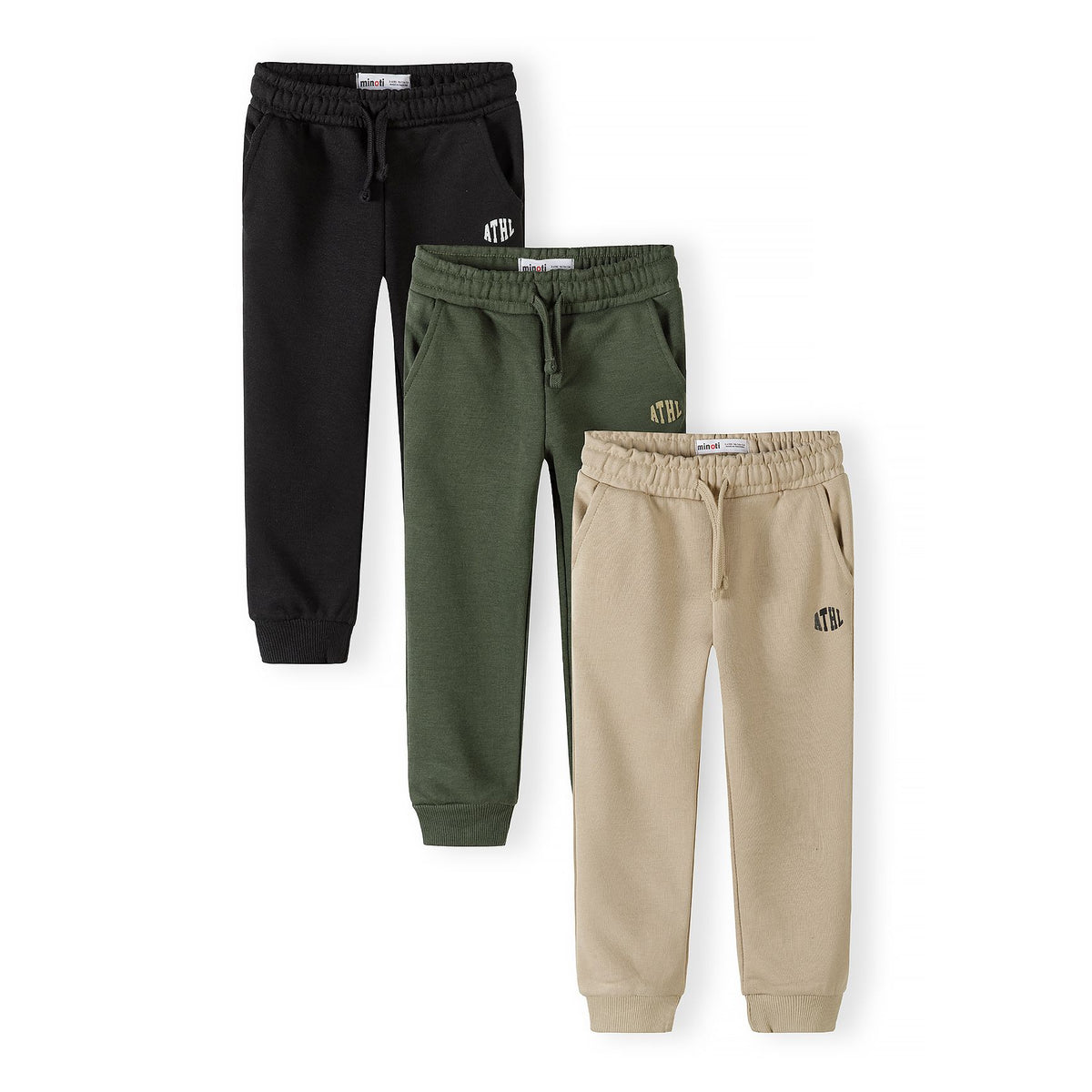 Boys' joggers 3-pack in black, olive green and beige — complete product view for square Shop card