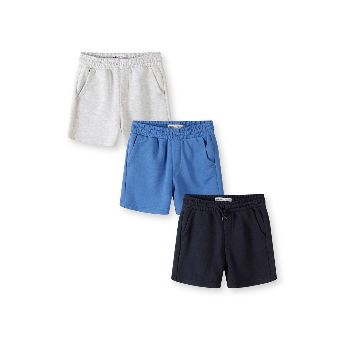 Boys' jogger shorts 3-pack in light grey marl, blue and navy — complete product view for square Shop card