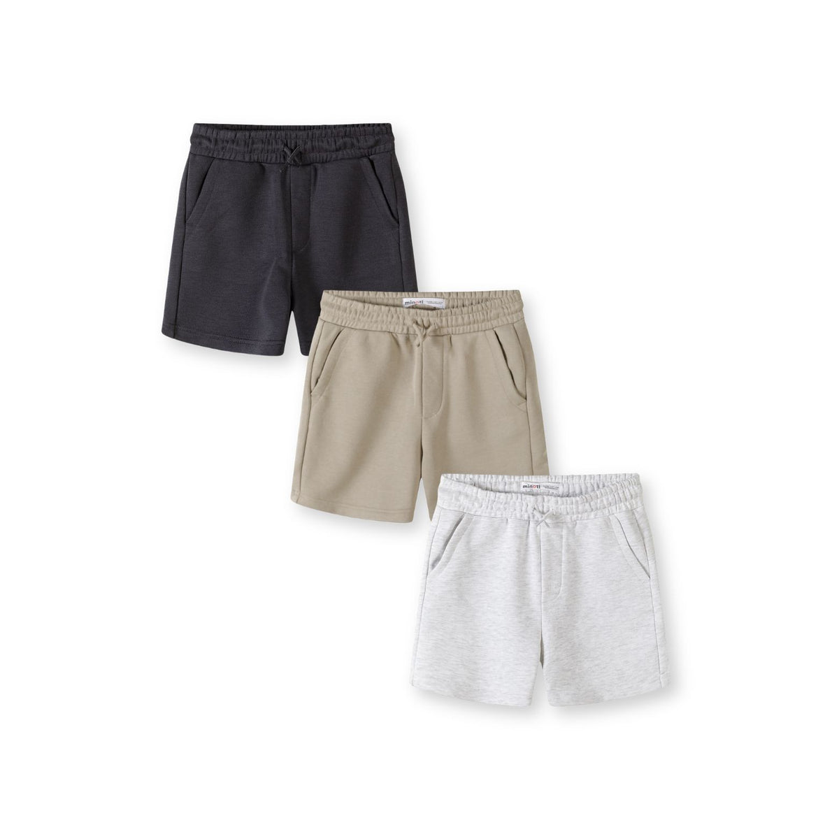 Boys' jogger shorts 3-pack in charcoal, beige and light grey marl — complete product view for square Shop card