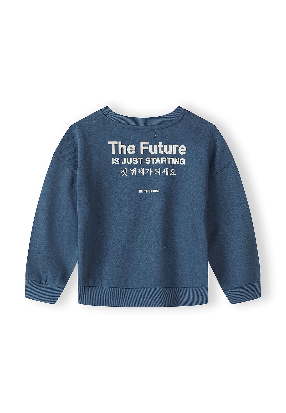 Boys blue zip-up sweatshirt with long sleeves and printed text, back view.