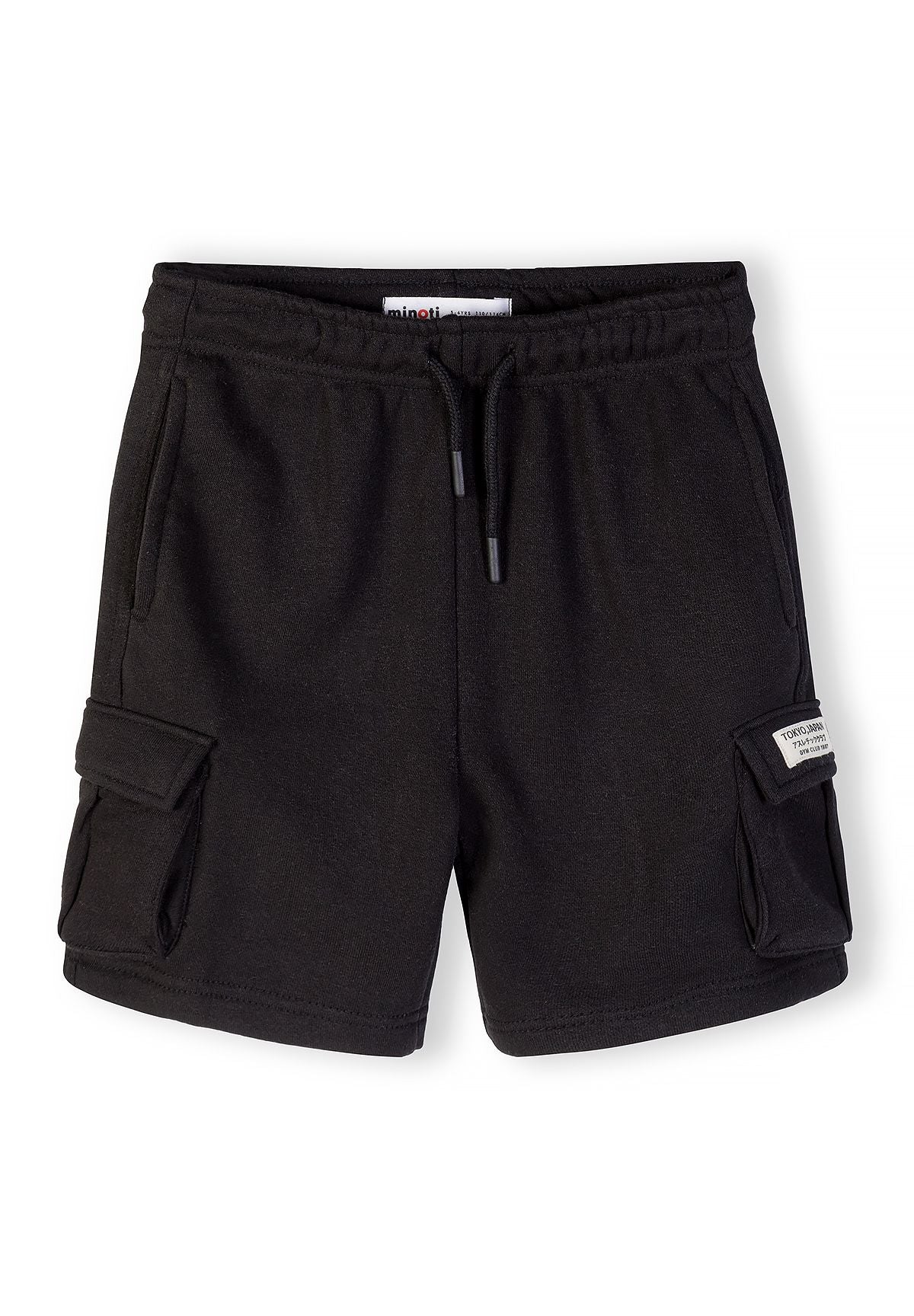 Close-up of black cargo shorts with side pockets and adjustable waistband.