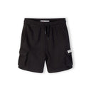 Close-up view of black cargo shorts showing elasticated waistband with drawstring and side cargo pocket details on white background