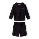 Black sweatshirt and cargo shorts set displayed flat against white background, showing Tokyo Japan text print on chest and multiple cargo pockets on shorts