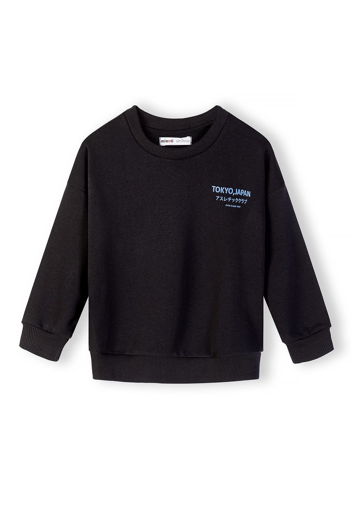 Boys black sweatshirt with crew neck and ribbed cuffs, front view.