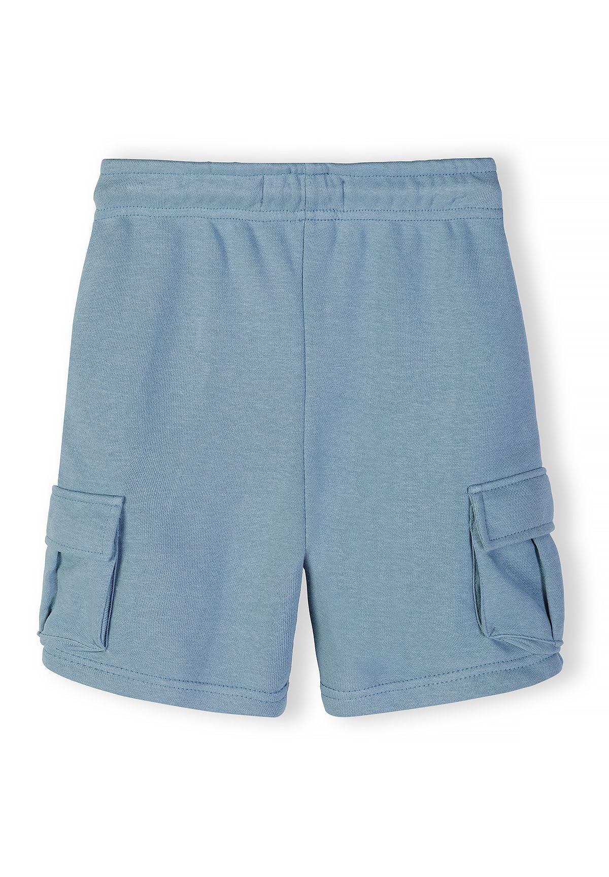Boys cargo shorts set in blue, back view with side pockets.