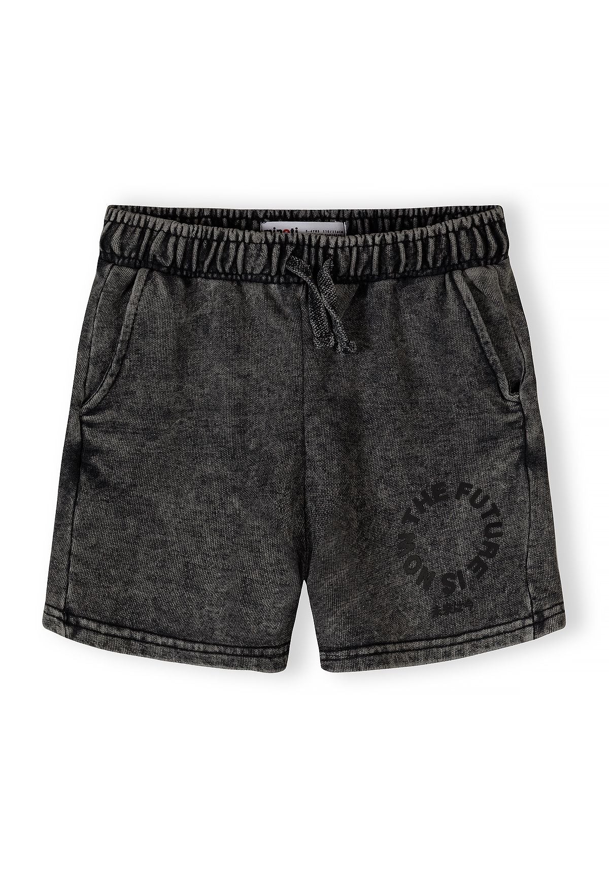 Detail of grey acid wash shorts with elasticated waistband and side pockets.