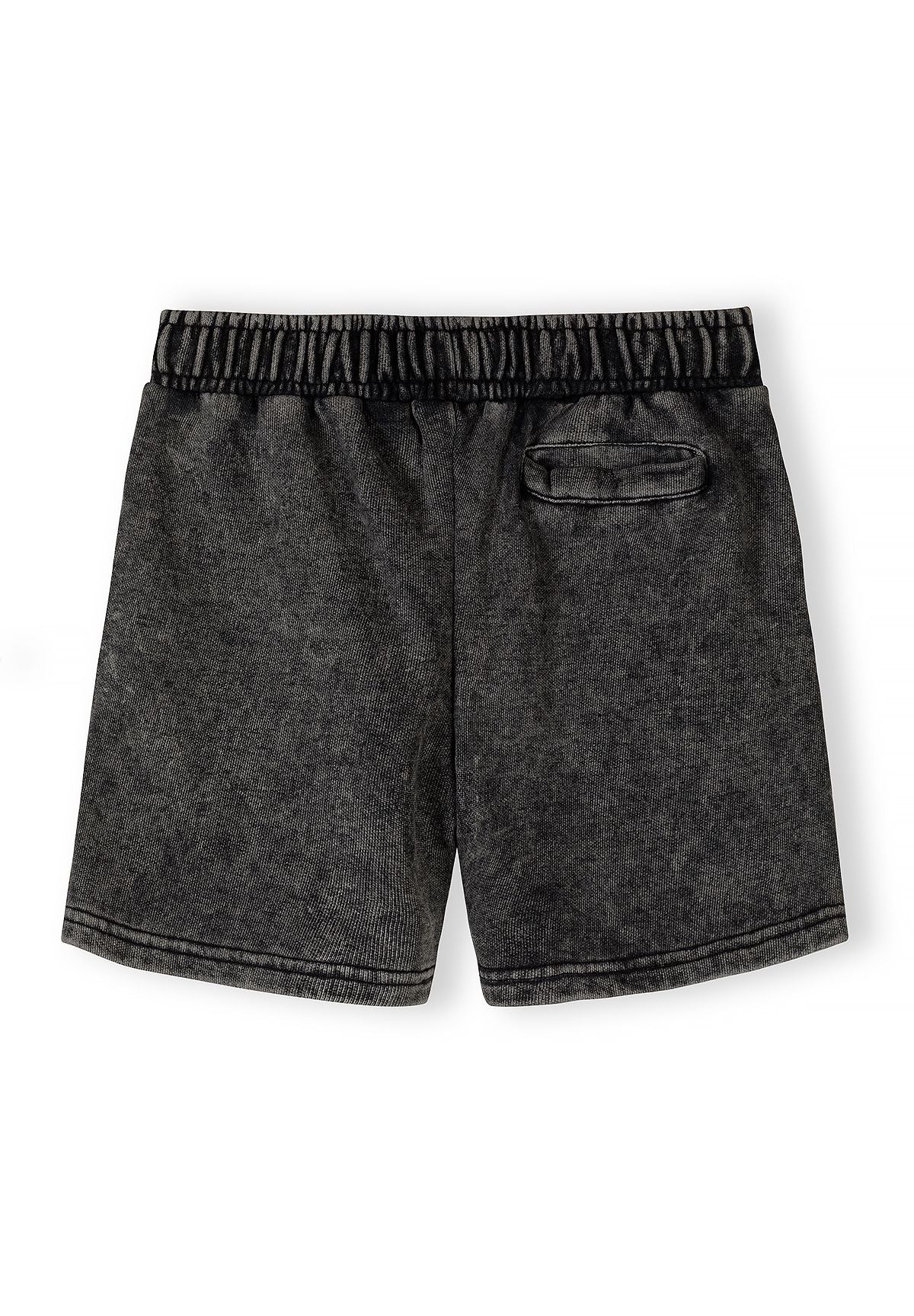 Back view of grey acid wash shorts with elasticated waistband and small pocket.
