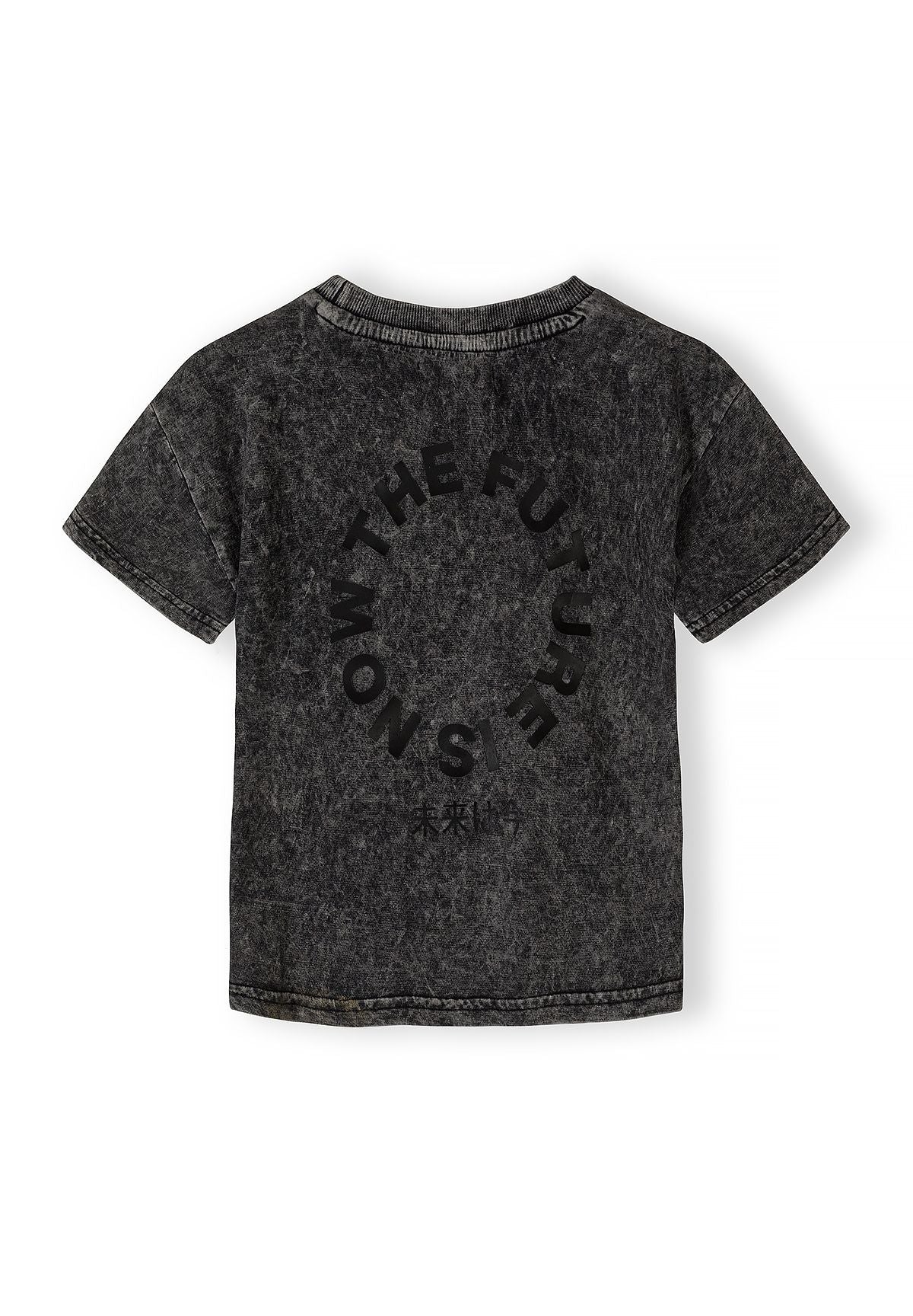 Boys grey acid wash t-shirt, back view with circular graphic.