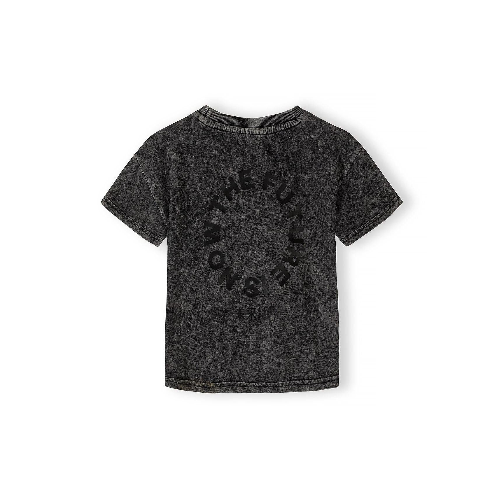 Grey acid wash t-shirt laid flat showing front view with circular logo graphic print on chest area