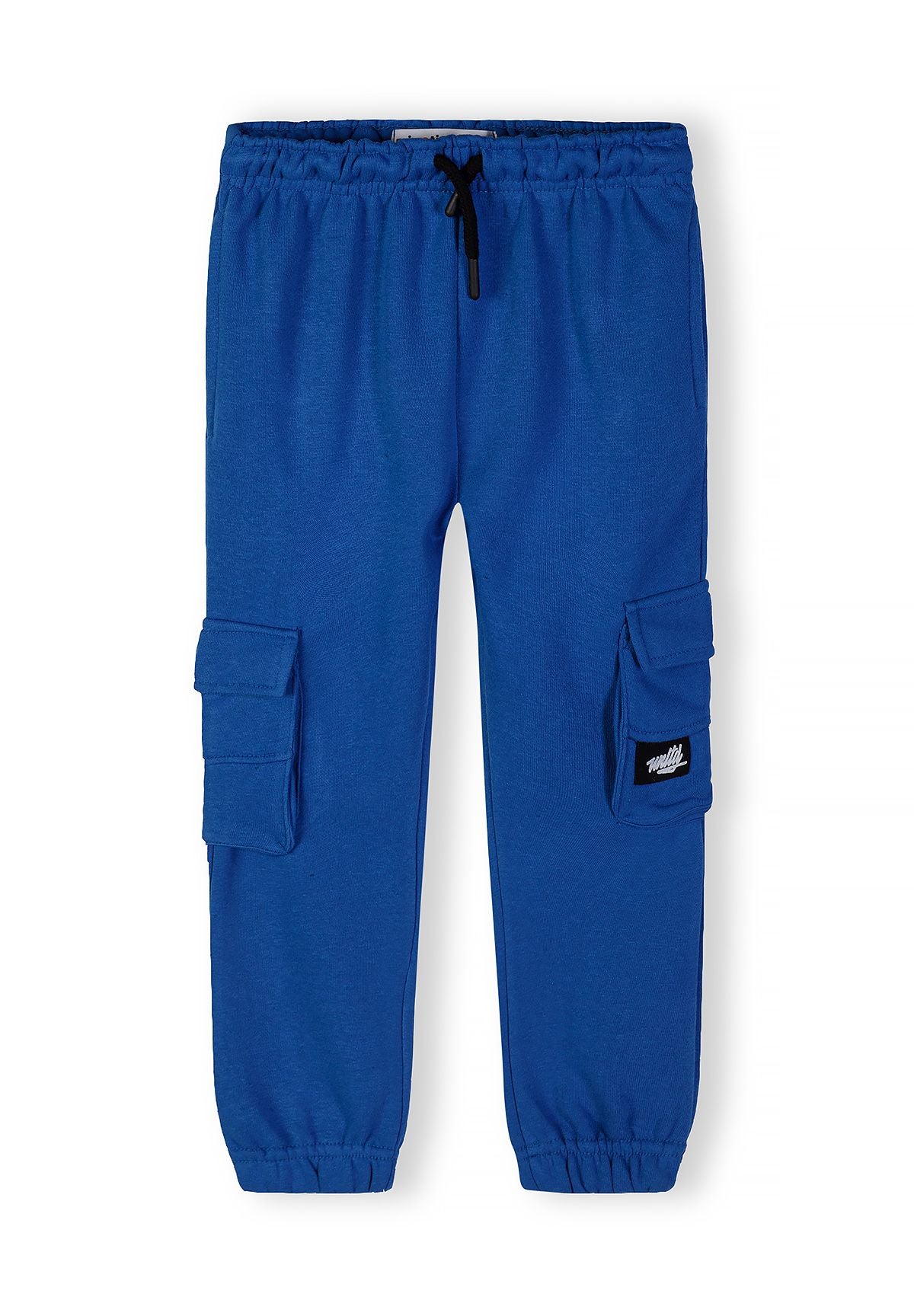 Boys royal blue joggers with cargo pockets, front view.