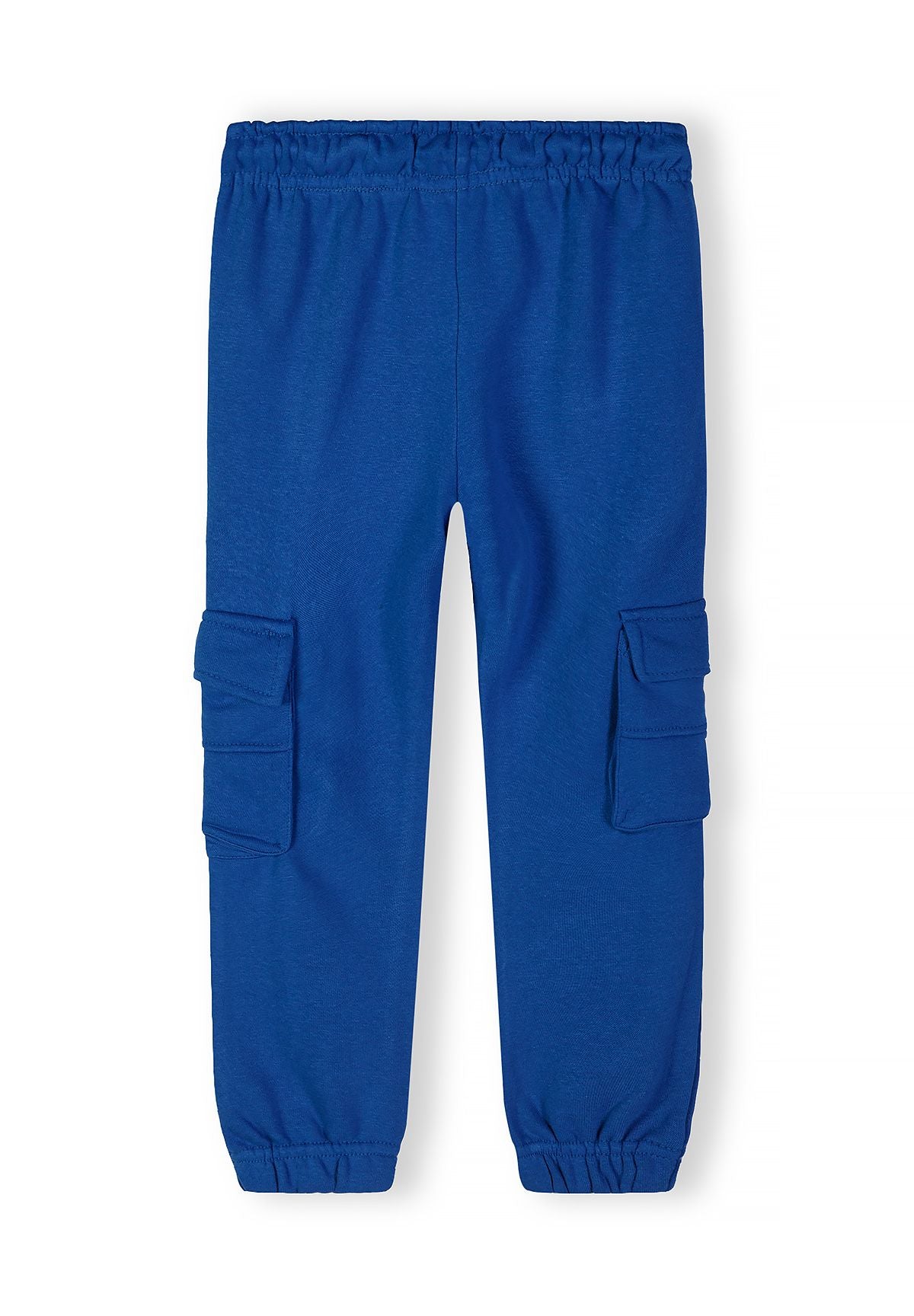 Boys royal blue joggers, close-up view with cargo pockets and elasticated cuffs.
