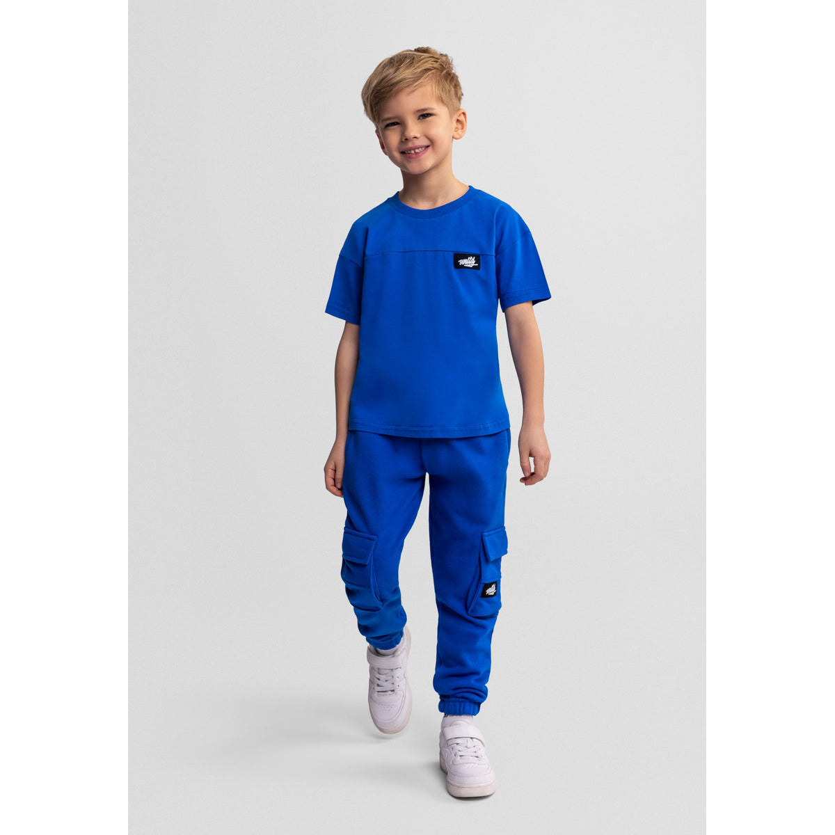 Boys' t-shirt and cargo joggers set in royal blue — complete product view for square Shop card