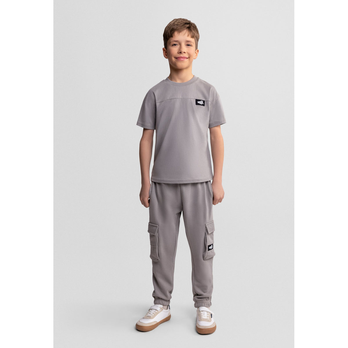 Boys' t-shirt and cargo joggers set in grey — complete product view for square Shop card