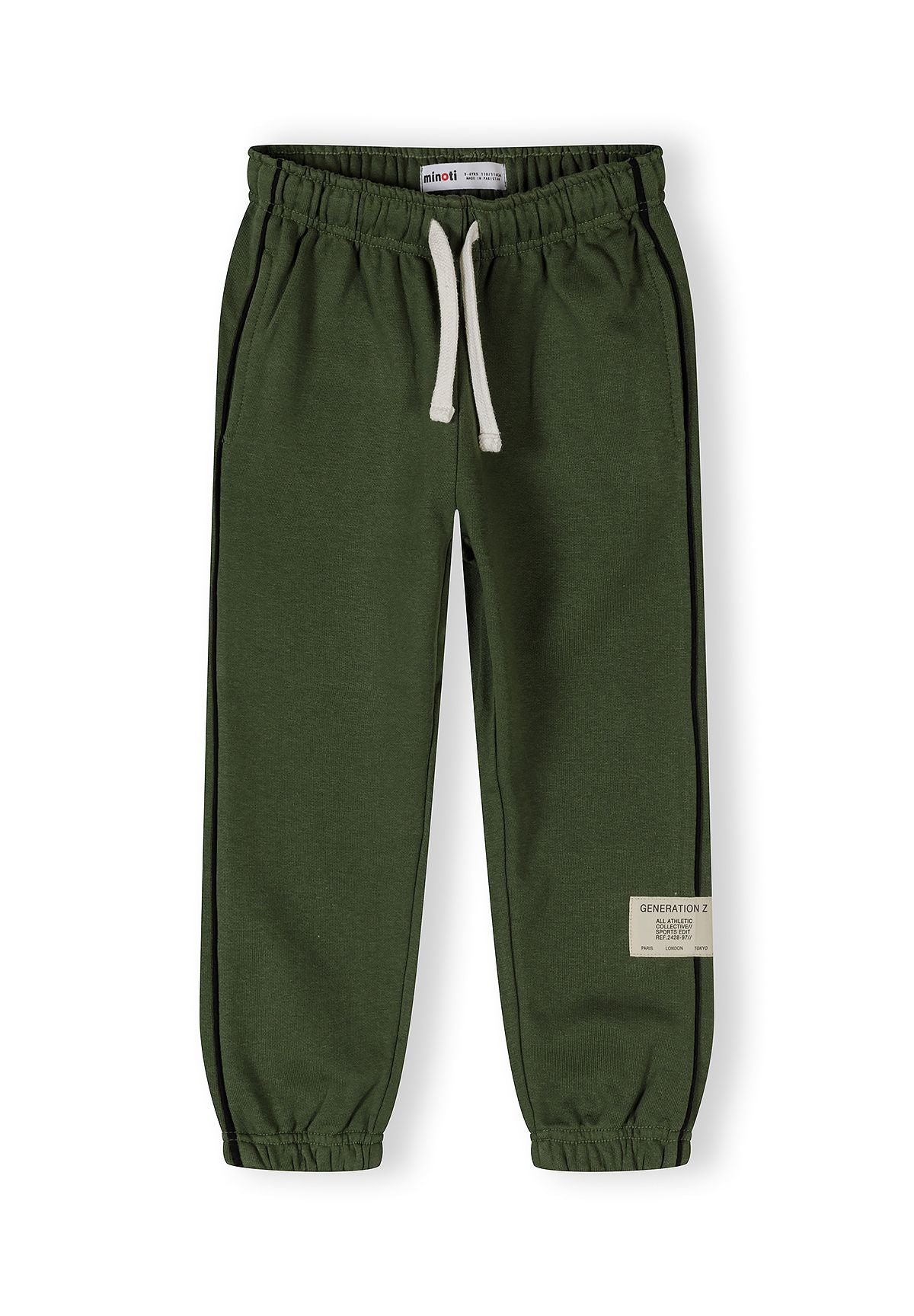 Detail of boys' khaki tracksuit trousers with elasticated waistband and side pockets.
