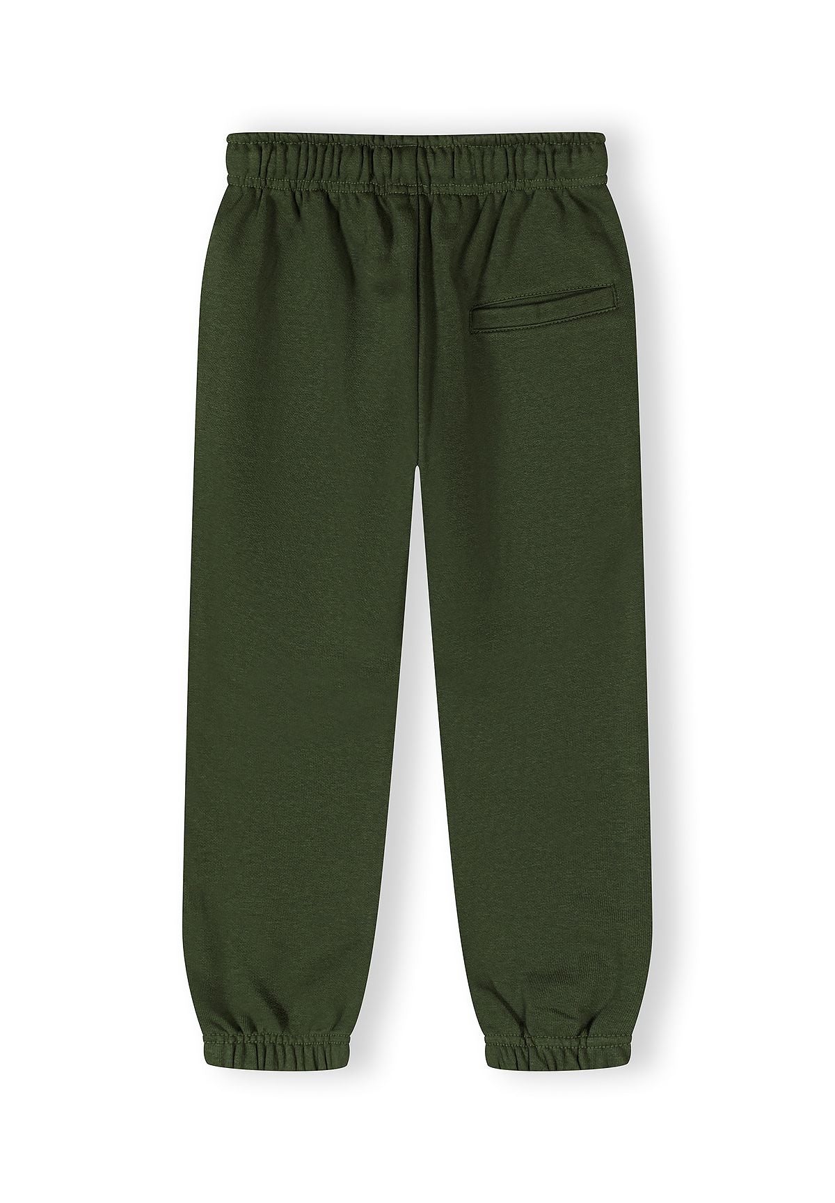 Boys khaki trousers with elasticated waistband and side pocket, back view.