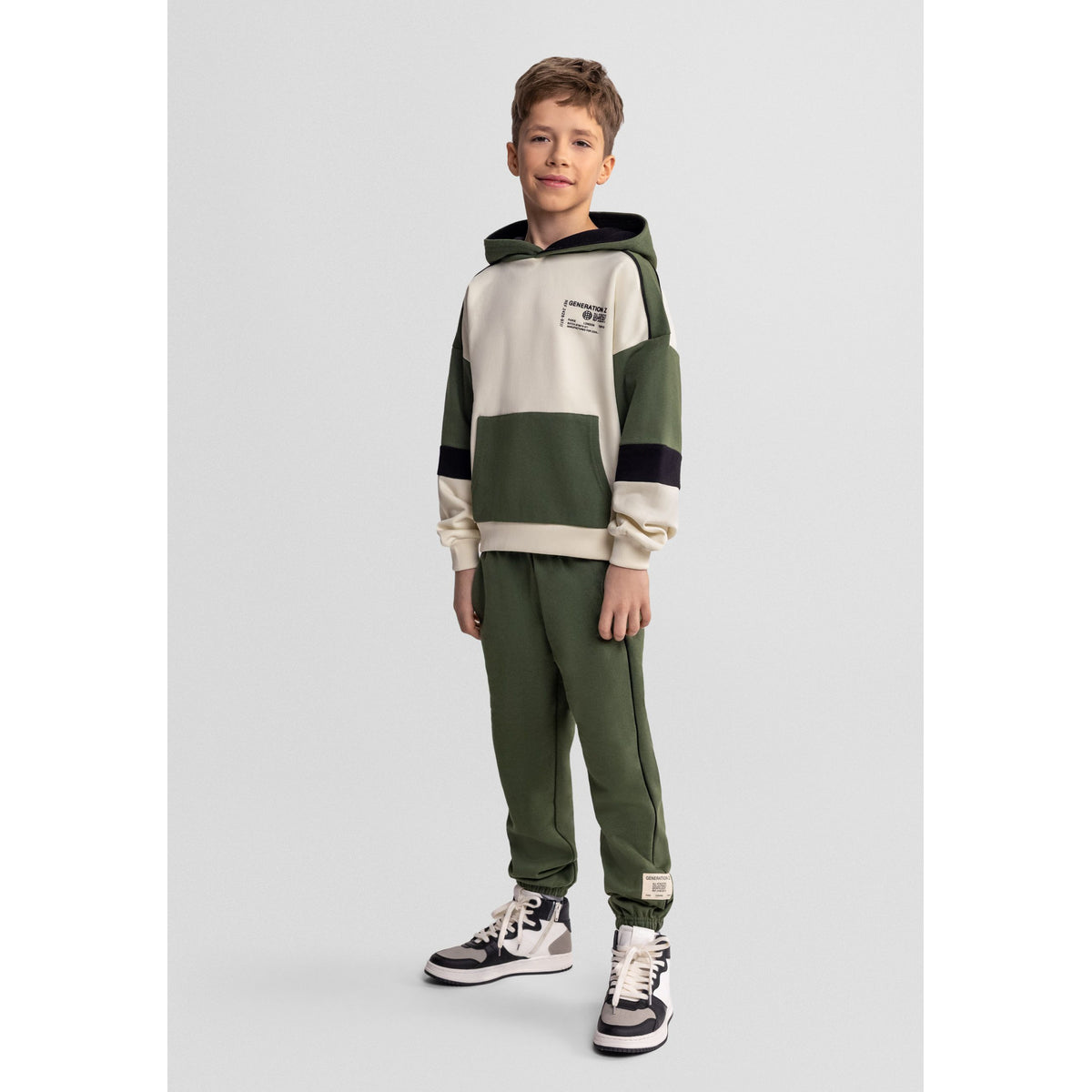Boys' hoodie and joggers set in khaki green and cream — complete product view for square Shop card