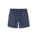 Close-up detail of blue acid wash shorts waistband showing Minoti label and 'The Future is Just Starting' text with Korean translation