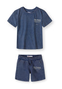 Boys blue acid wash t-shirt and shorts set, front view, features ribbed collar and side pockets.